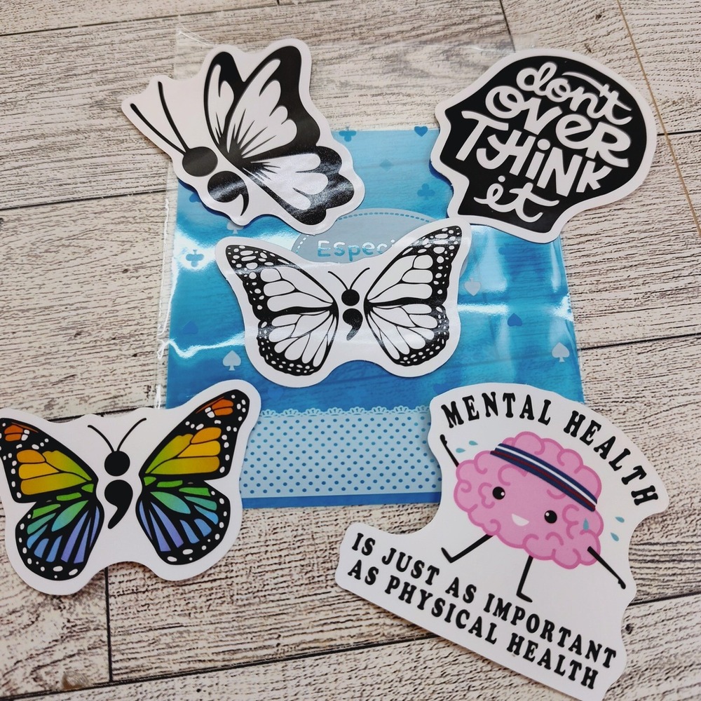 Mental Health Stickers - Semicolon Butterfly Brain Don't Overthink It - 5pc Set